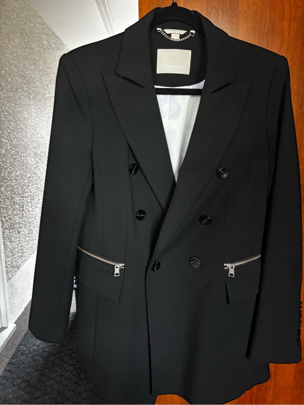 Soia & Kyo Black Double-Breasted Blazer with Silver Zip Details